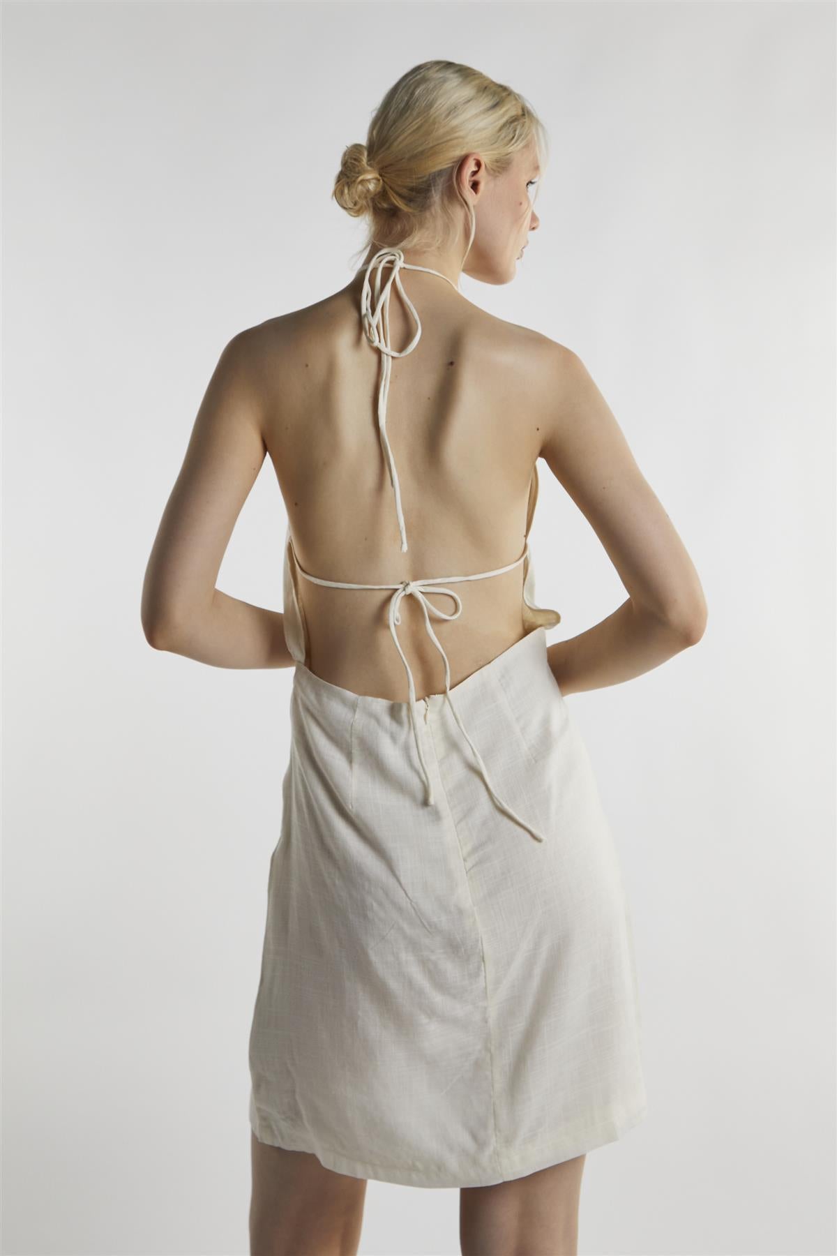 Off White Linen Halter-Neck  Mini-Dress