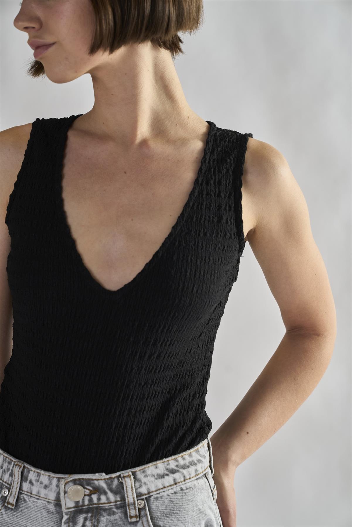 Black-Textured V Neck Ribbed Bodysuit