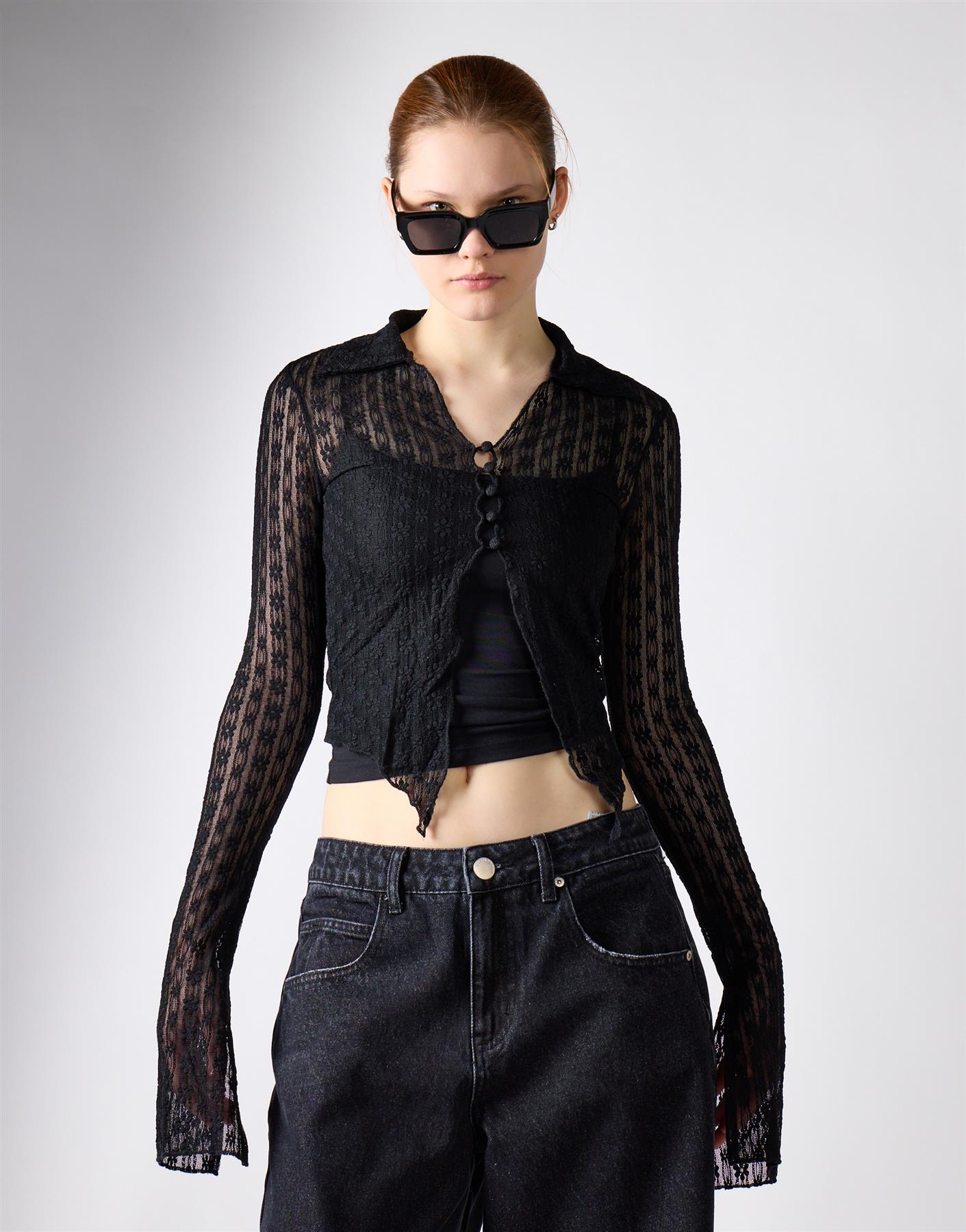 Long Sleeve Collar Top - Black Lace