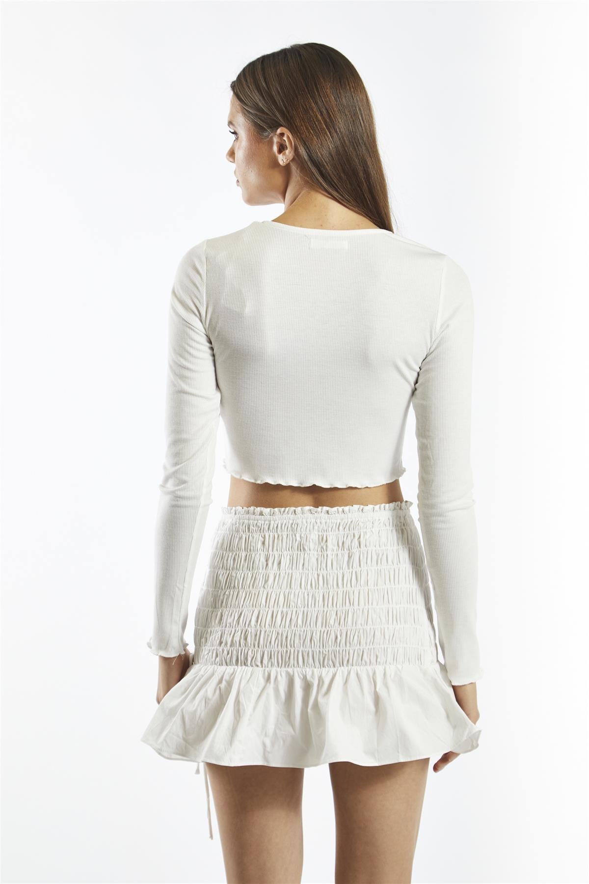 Smocked Lace-Up Mini Skirt - White