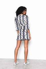 White Black Multi Check Collared Puff Sleeve Mini Dress with Ruffle Hem detail