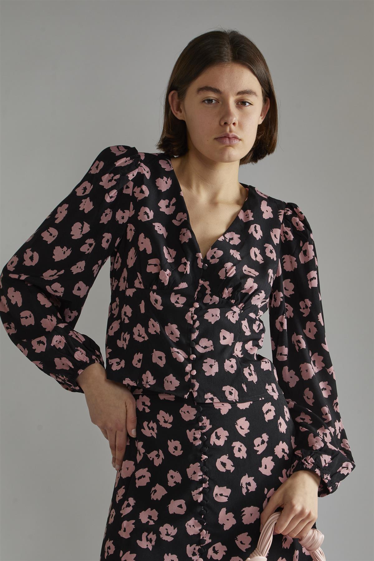 Black-Pink-Splodge Long-Sleeve-Button-Front V-Neck-Blouse
