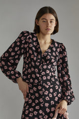 Black-Pink-Splodge Long-Sleeve-Button-Front V-Neck-Blouse