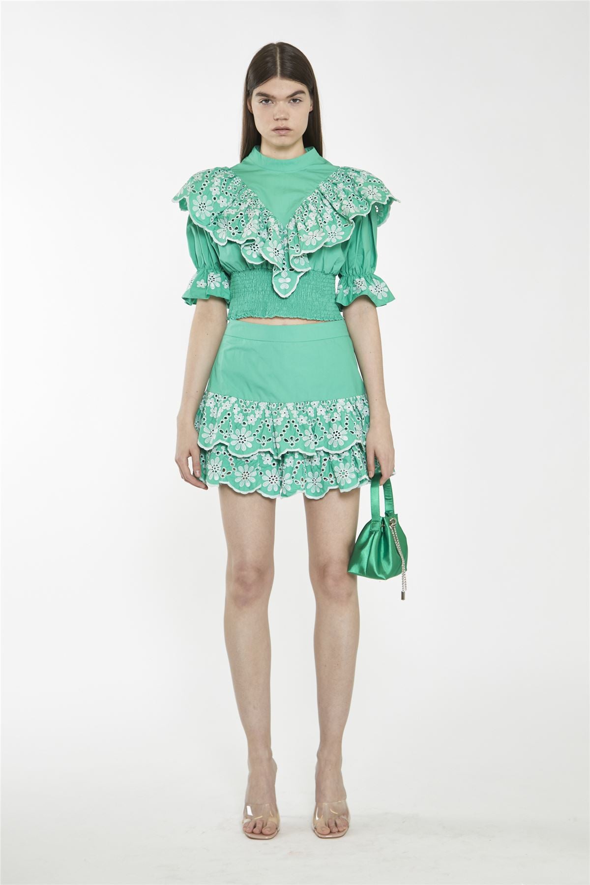 Green Broderie Ruffle Mini Skirt