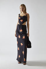 Black-Orange Flower Bias-Cut Maxi-Skirt