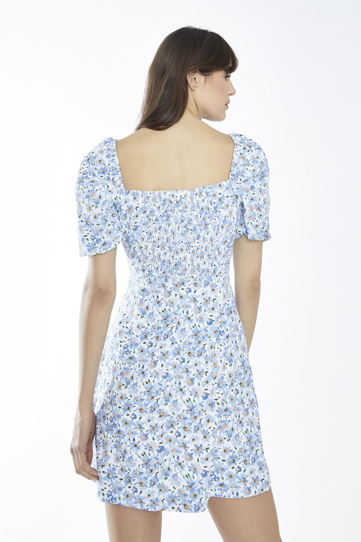 White-Blue Daisy Square-Neck Mini-Dress