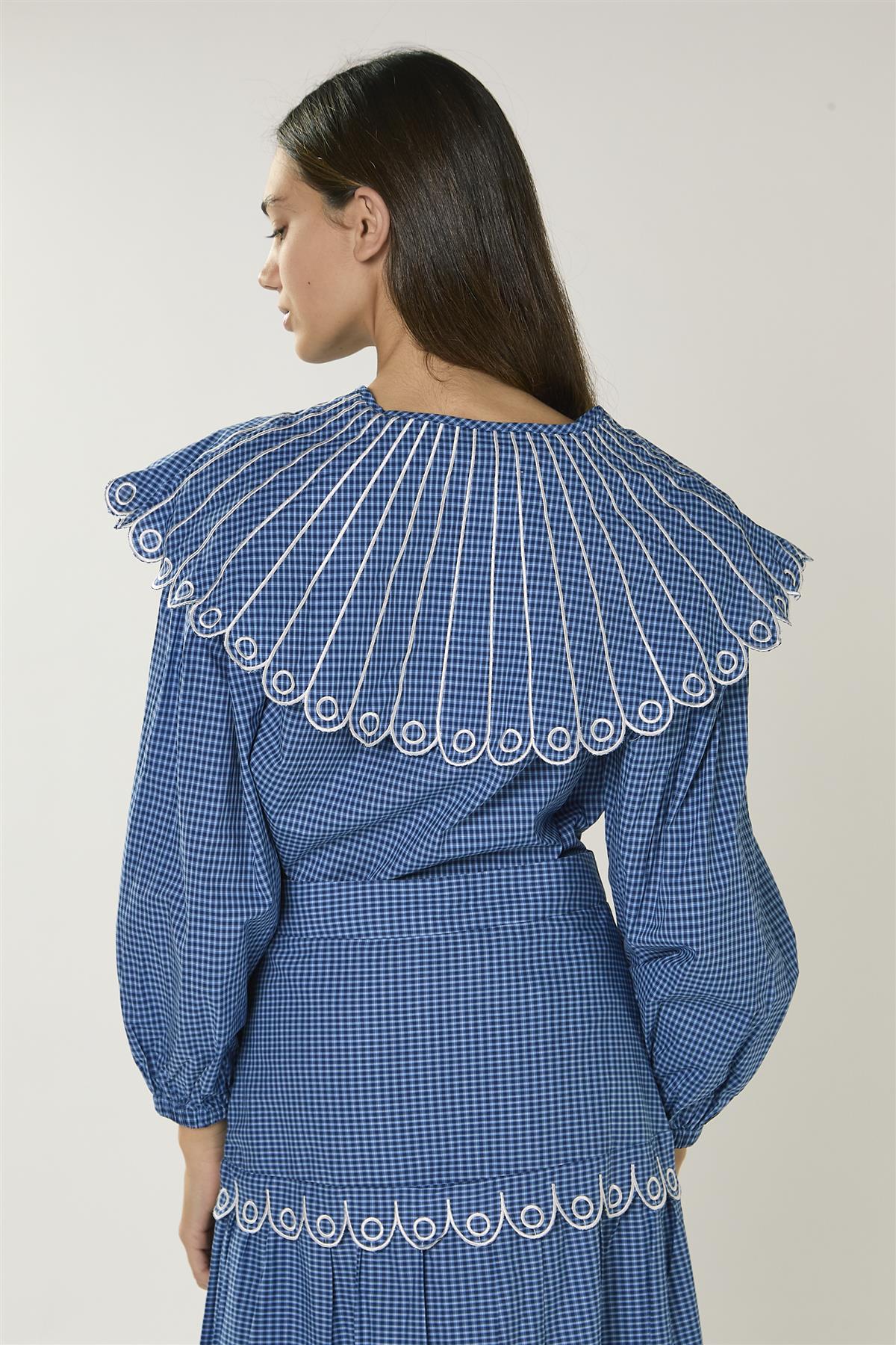 Navy Multi Check Embroidered Collar Long Sleeve Blouse