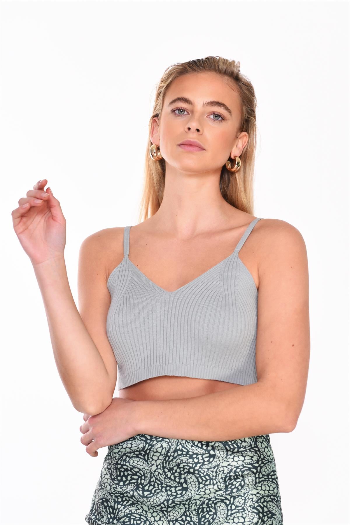 Misty-Sage Ribbed-Sleeveless Cropped-Top