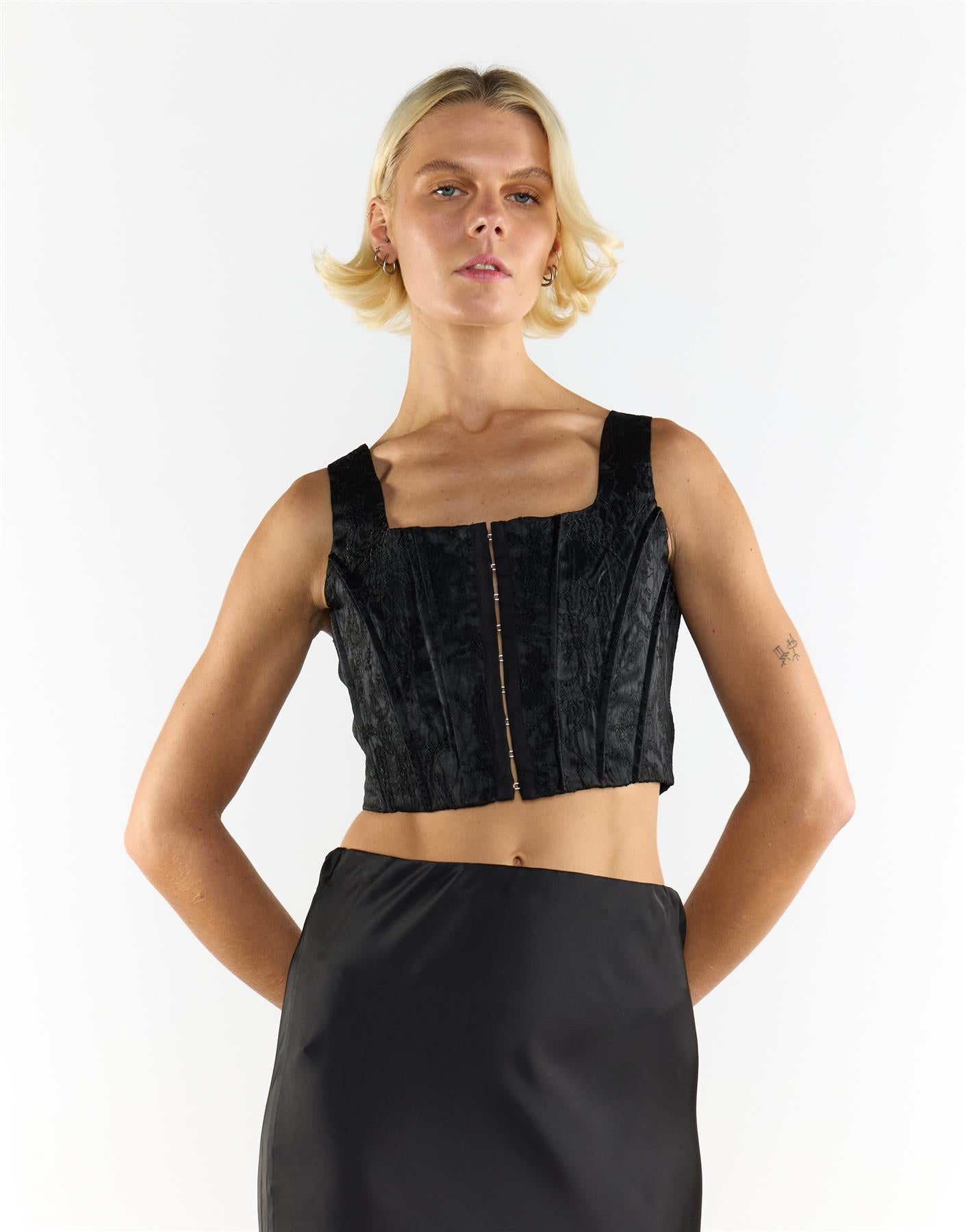 Corset Style Crop Top in Black Brocade