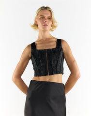 Corset Style Crop Top in Black Brocade