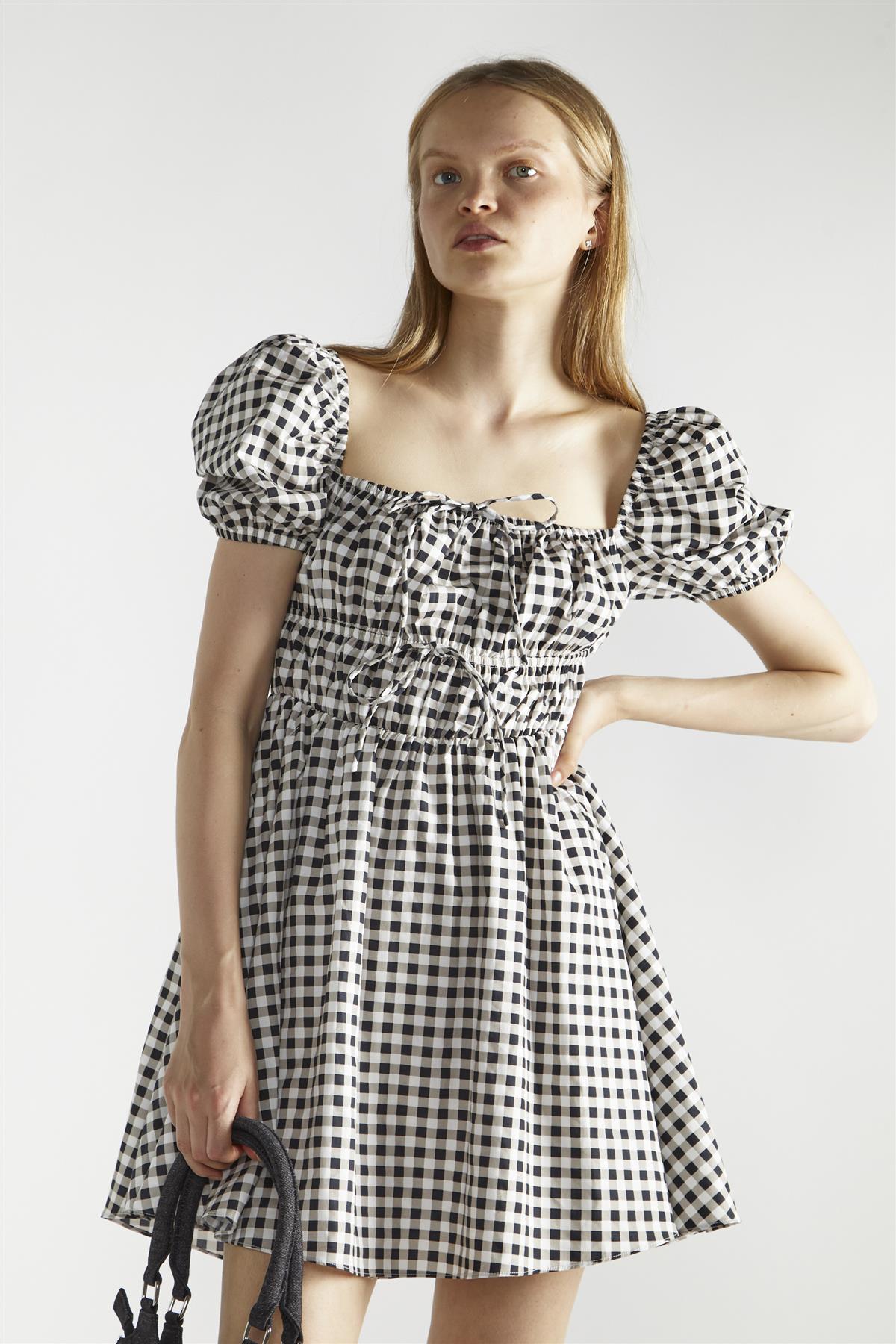 Black White Gingham-Print Skater Mini-Dress