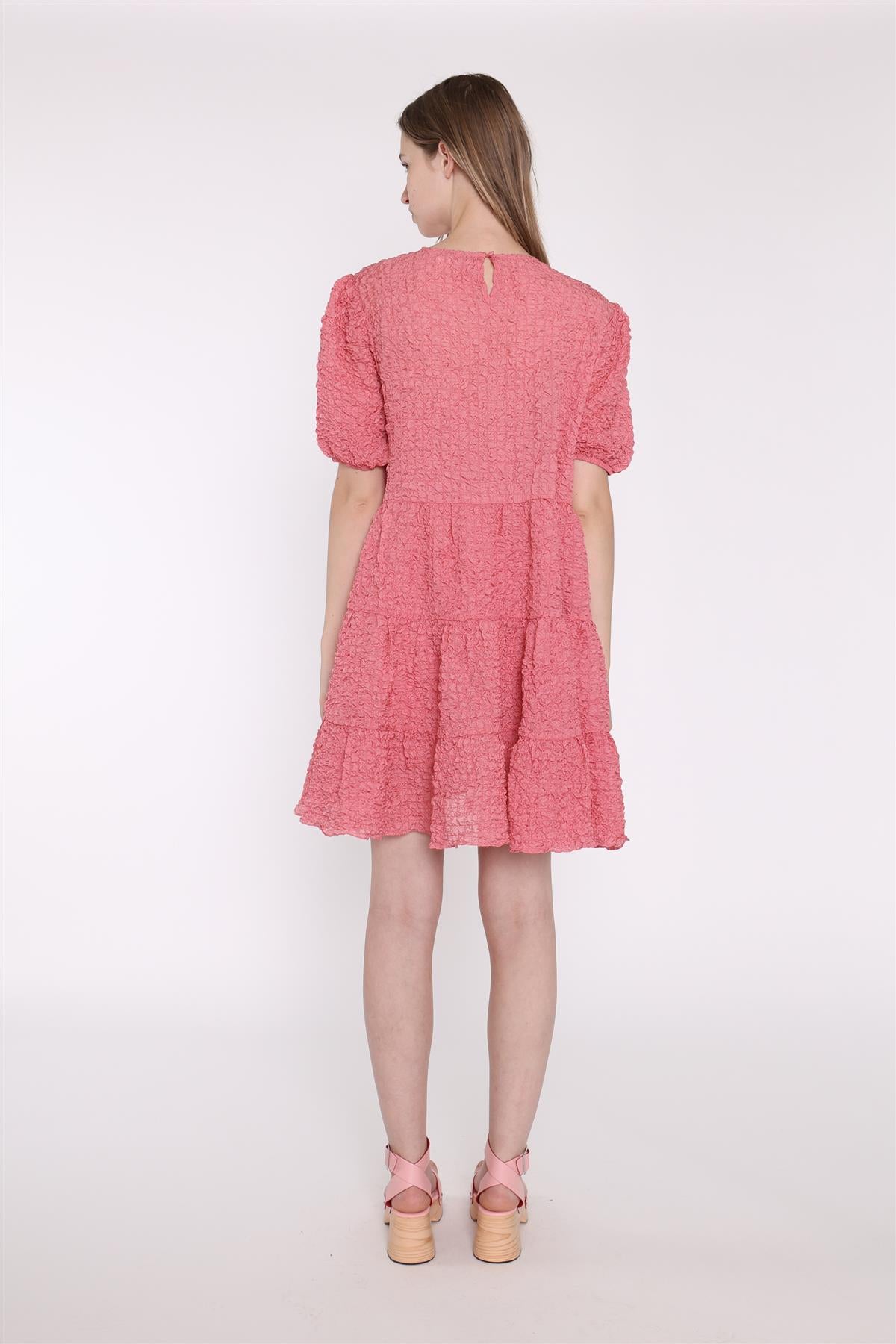Textured-Rose Puff-Sleeve-Tiered Mini-Dress