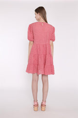 Textured-Rose Puff-Sleeve-Tiered Mini-Dress