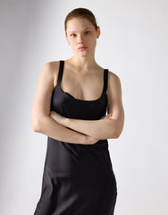 Asymmetrical Scoop Neck Midi Dress - Black Satin