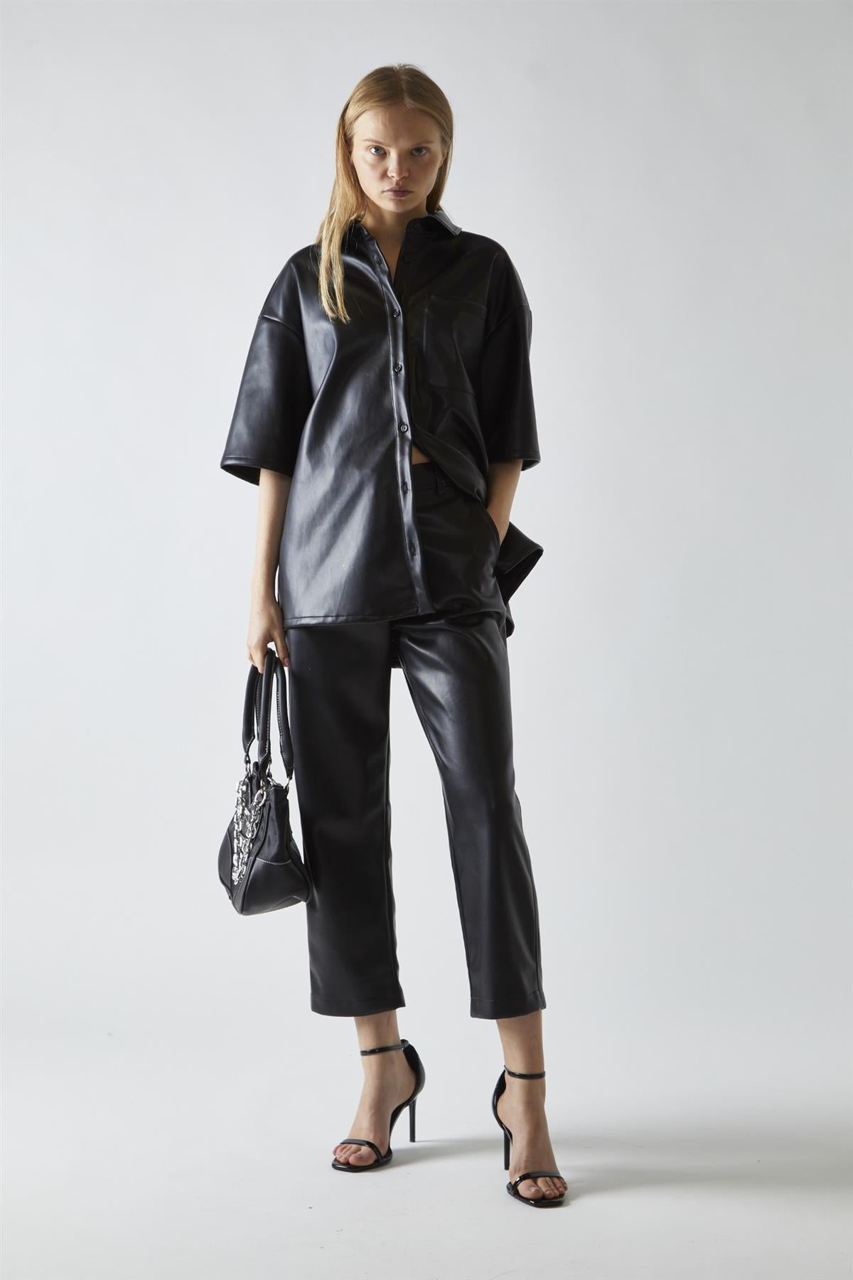 Black-PU Straight-Fit Crop-Trousers