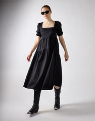 Black Square Neck Puff Sleeve Midi Dress