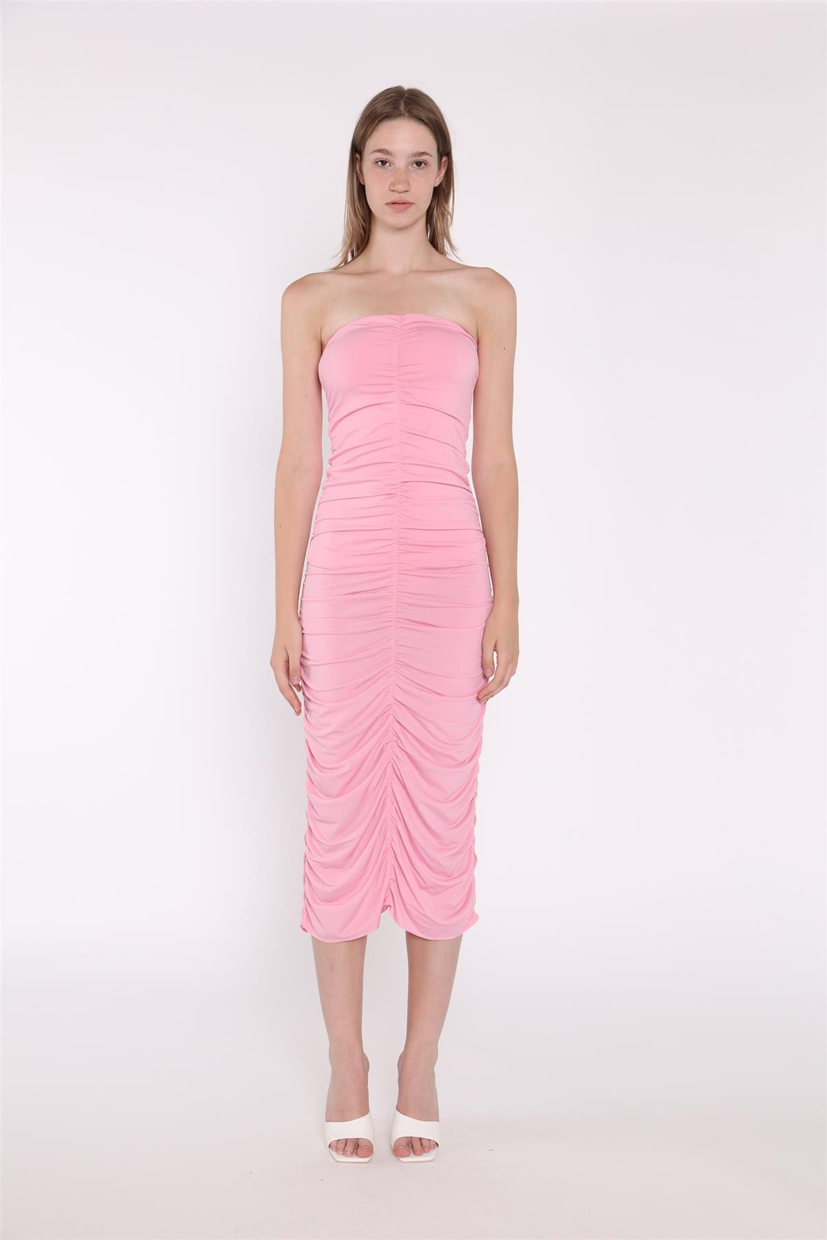 Sugar-Pink Strapless Ruched Midi-Dress