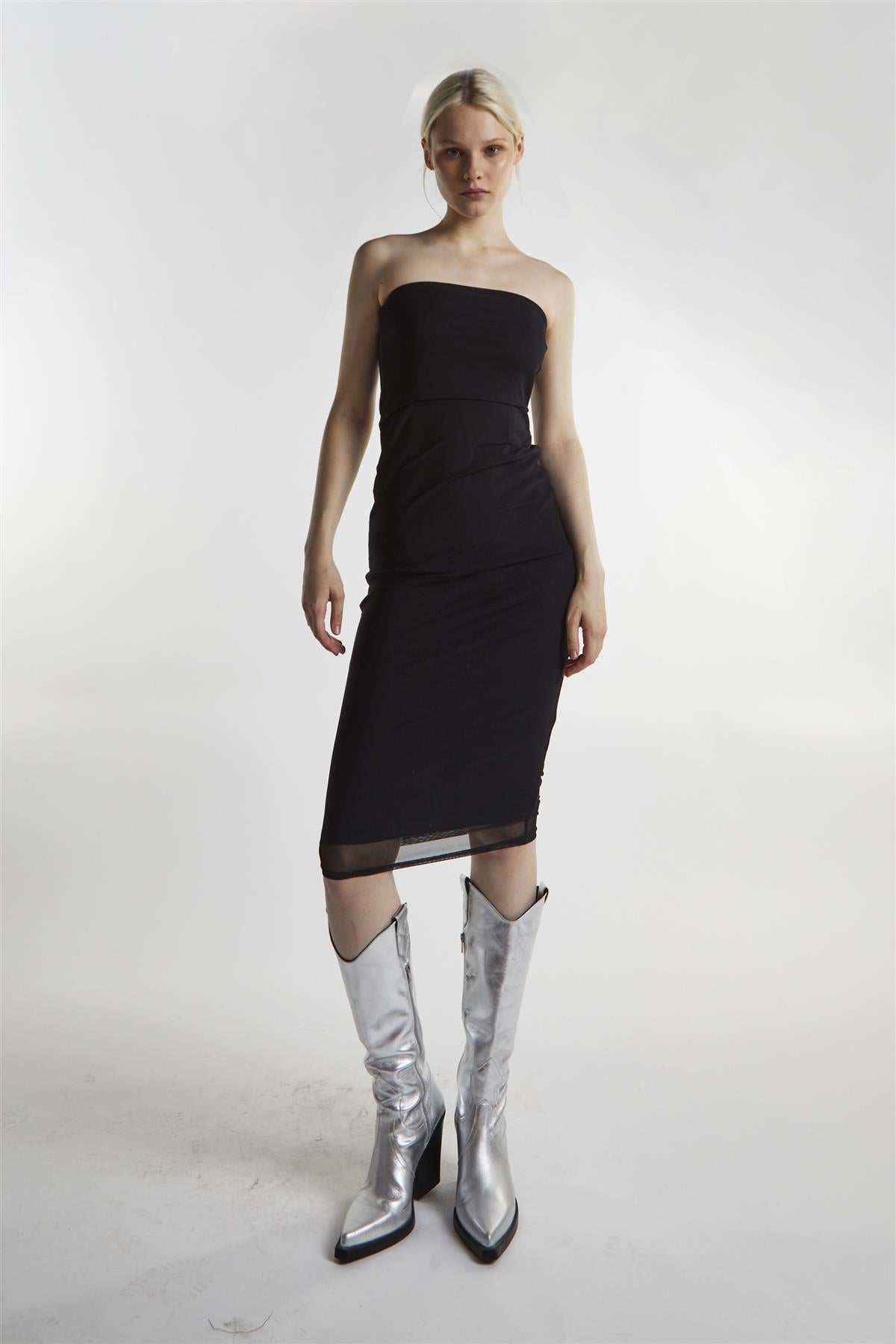 Black-Mesh Bandeau Bodycon Midaxi-Dress