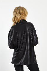 Matt-Black Sequin Collared  Long-Sleeve Shirt