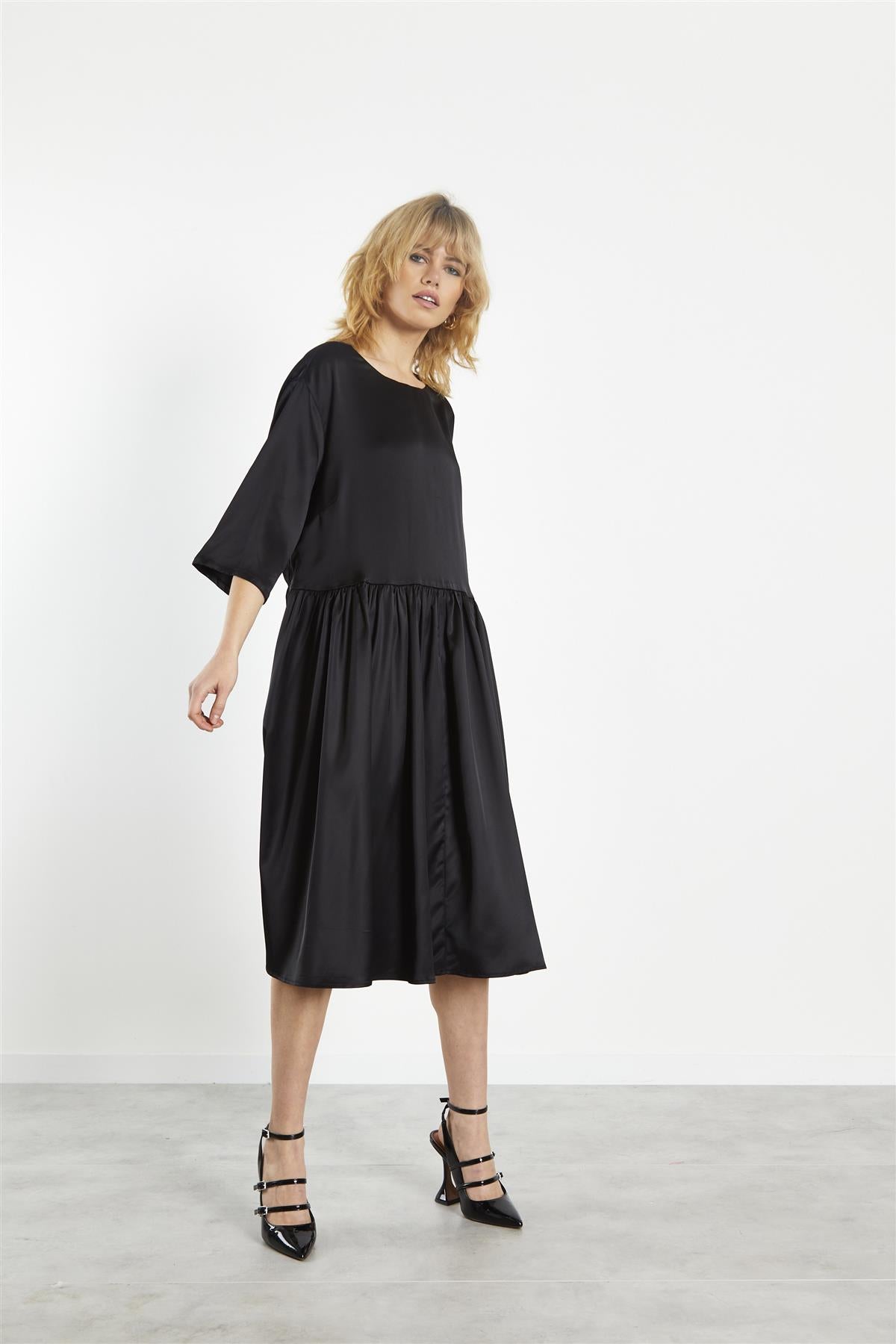 Black-Sateen Scallop-Back Mini-Dress