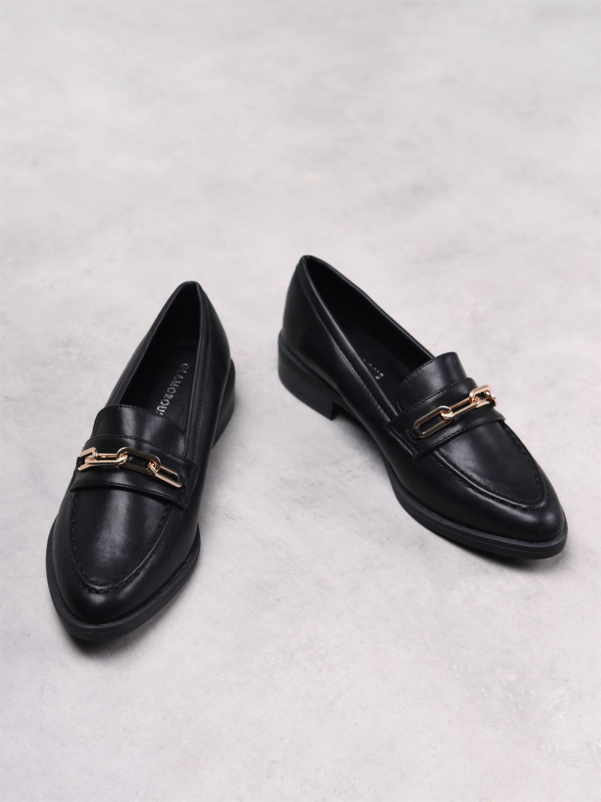 Black PU Gold Chain Detail Loafers