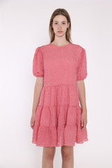 Textured-Rose Puff-Sleeve-Tiered Mini-Dress