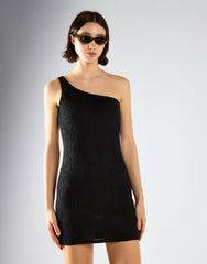 One Shoulder Crinkle Mini Dress - Black
