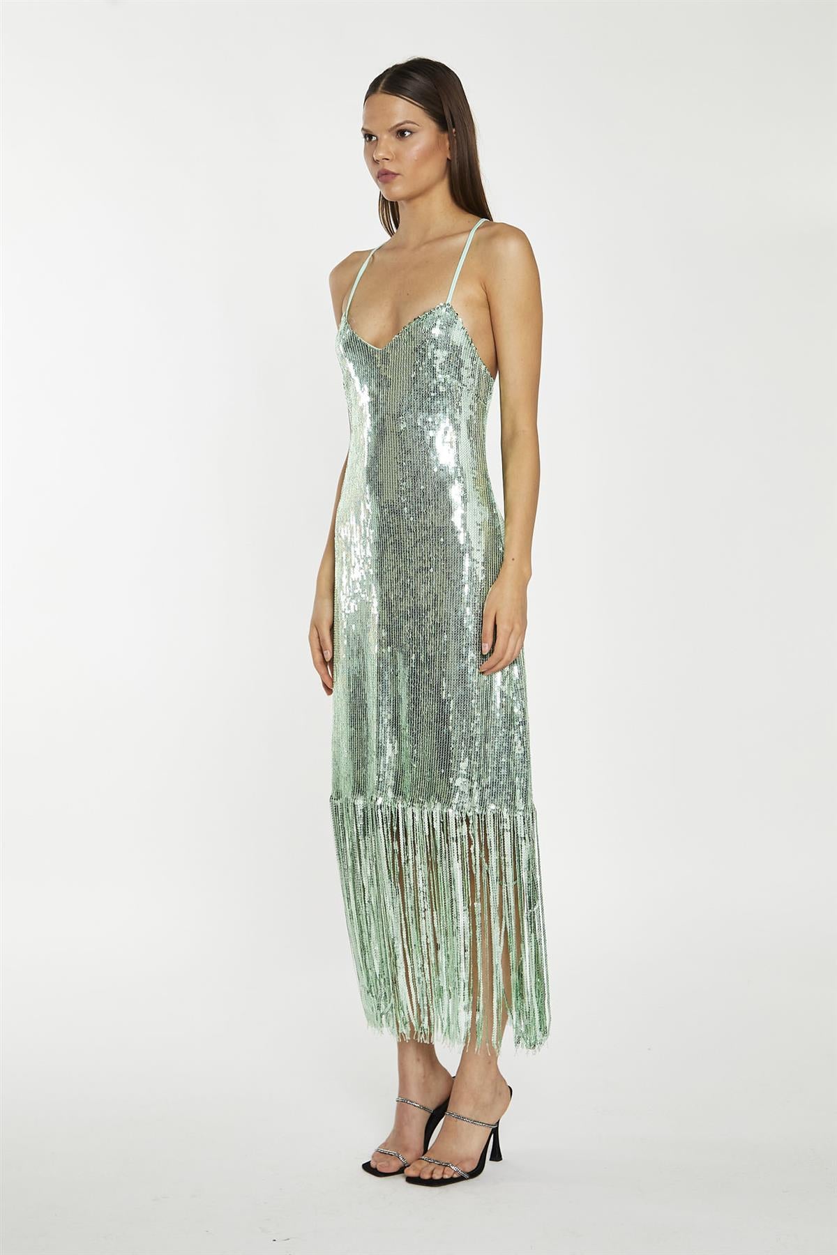 Jade-Sequin Cross Back Midi-Dress
