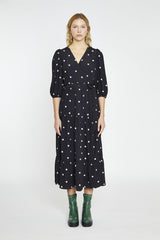 Black Daisy V-Neck Wrap Midi-Dress