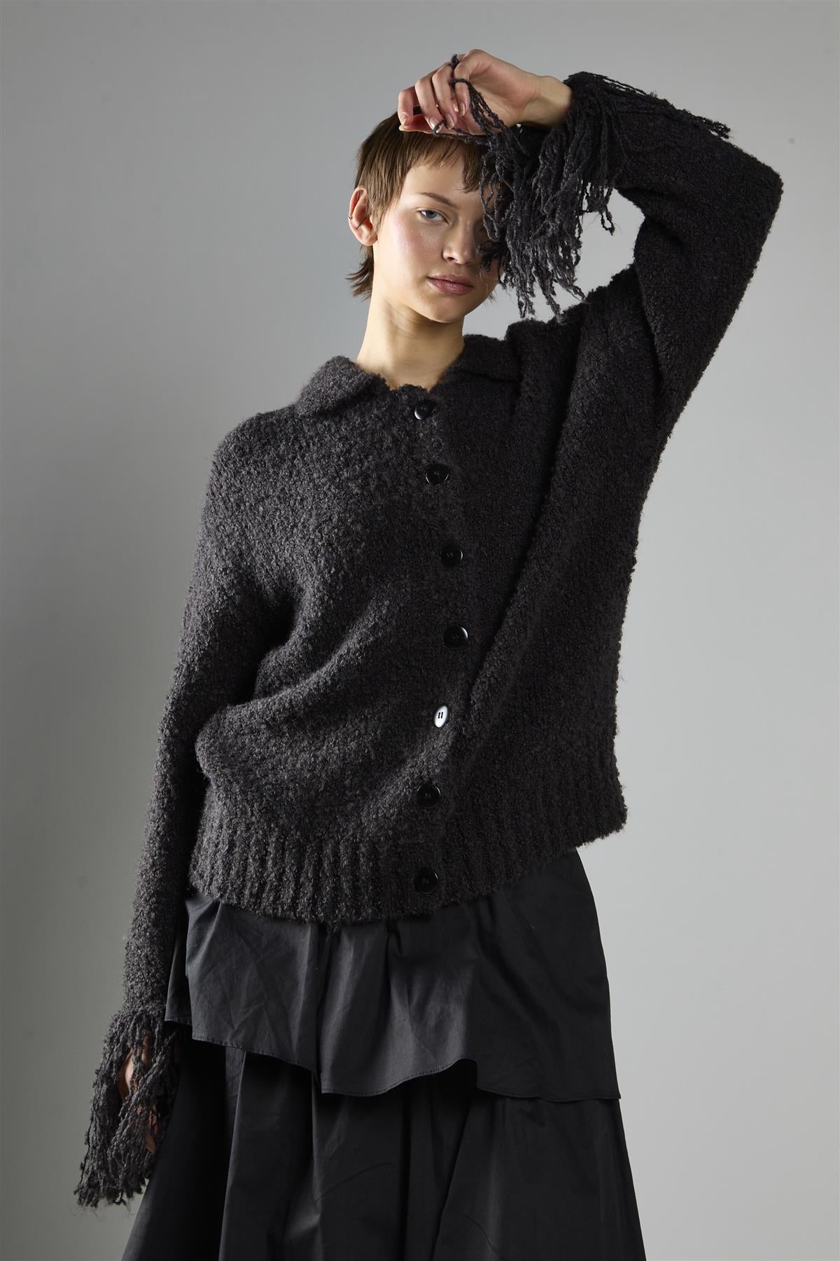 Black Fringe Cuff Button-front Cardigan
