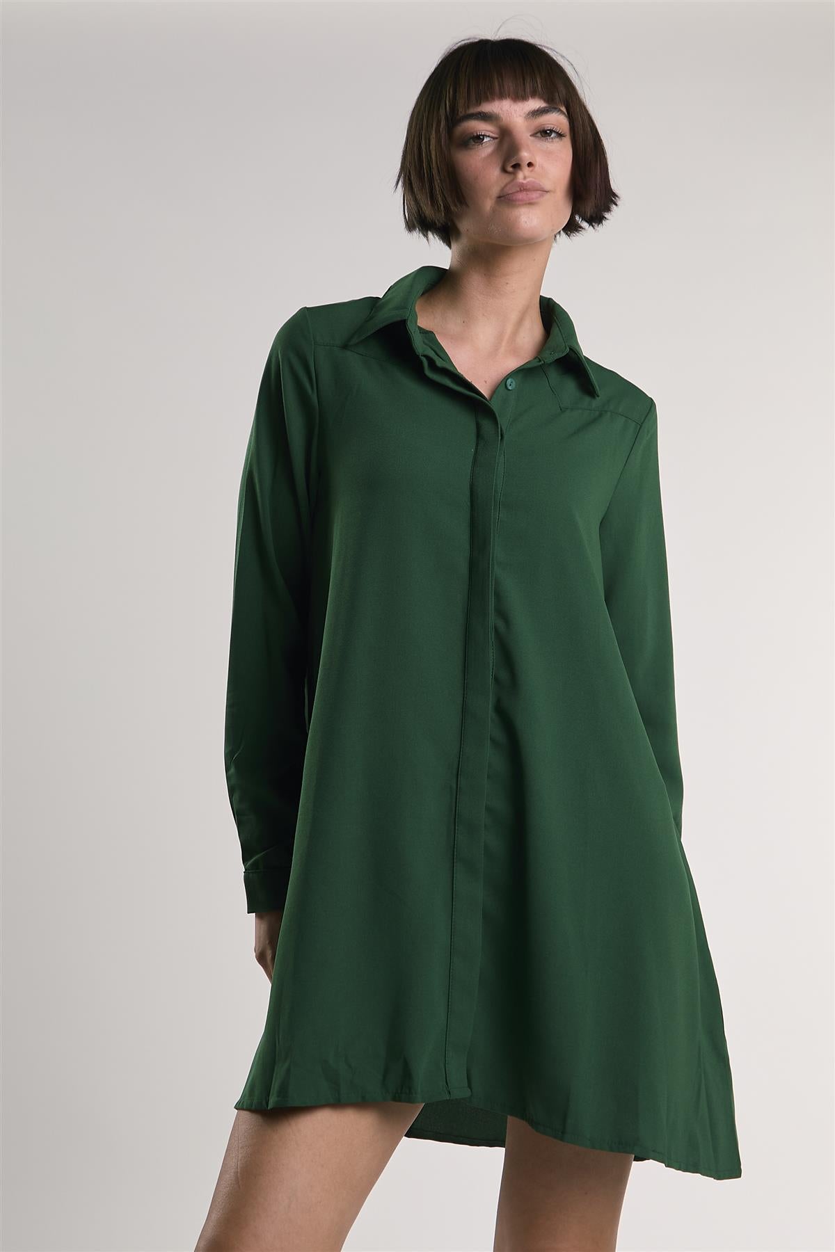 Dark-Green Long-Sleeve-Button-Front Mini-Shirt Dress