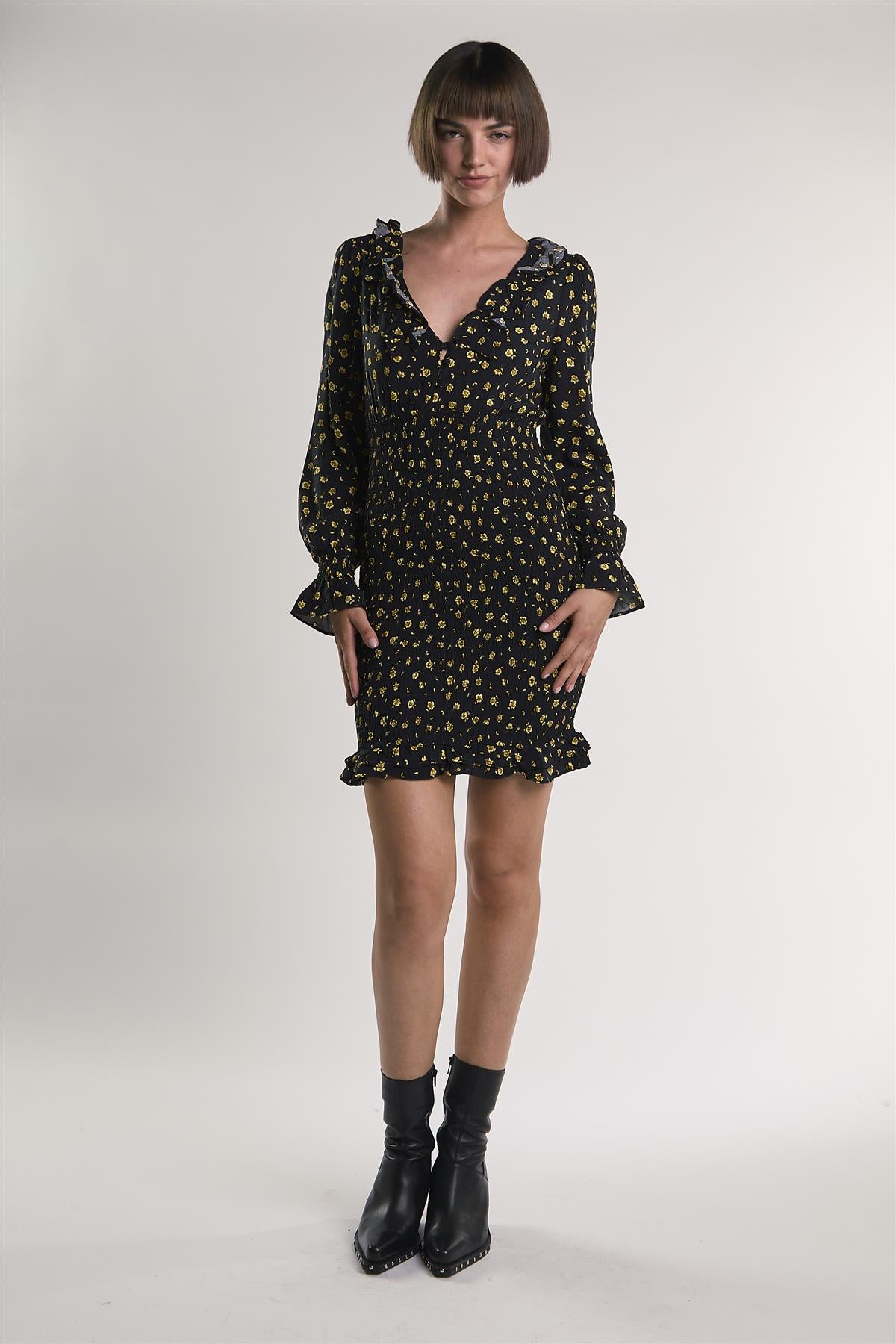 Black-Chartreuse-Ditsy Long-Sleeve-Ruffle-Trim Mini-Dress