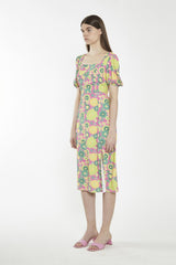 Pink-Multi-60S-Flower Square-Neck Midi-Dress