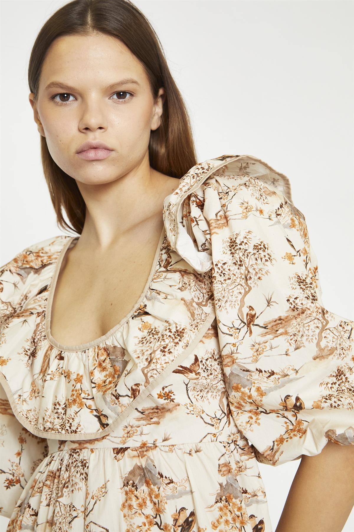 Tan-Multi-Blossom Ruffle-Neckline Mini-Dress