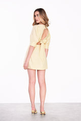 Pale-Yellow 3/4-Sleeve-Square-Neck Mini-dress
