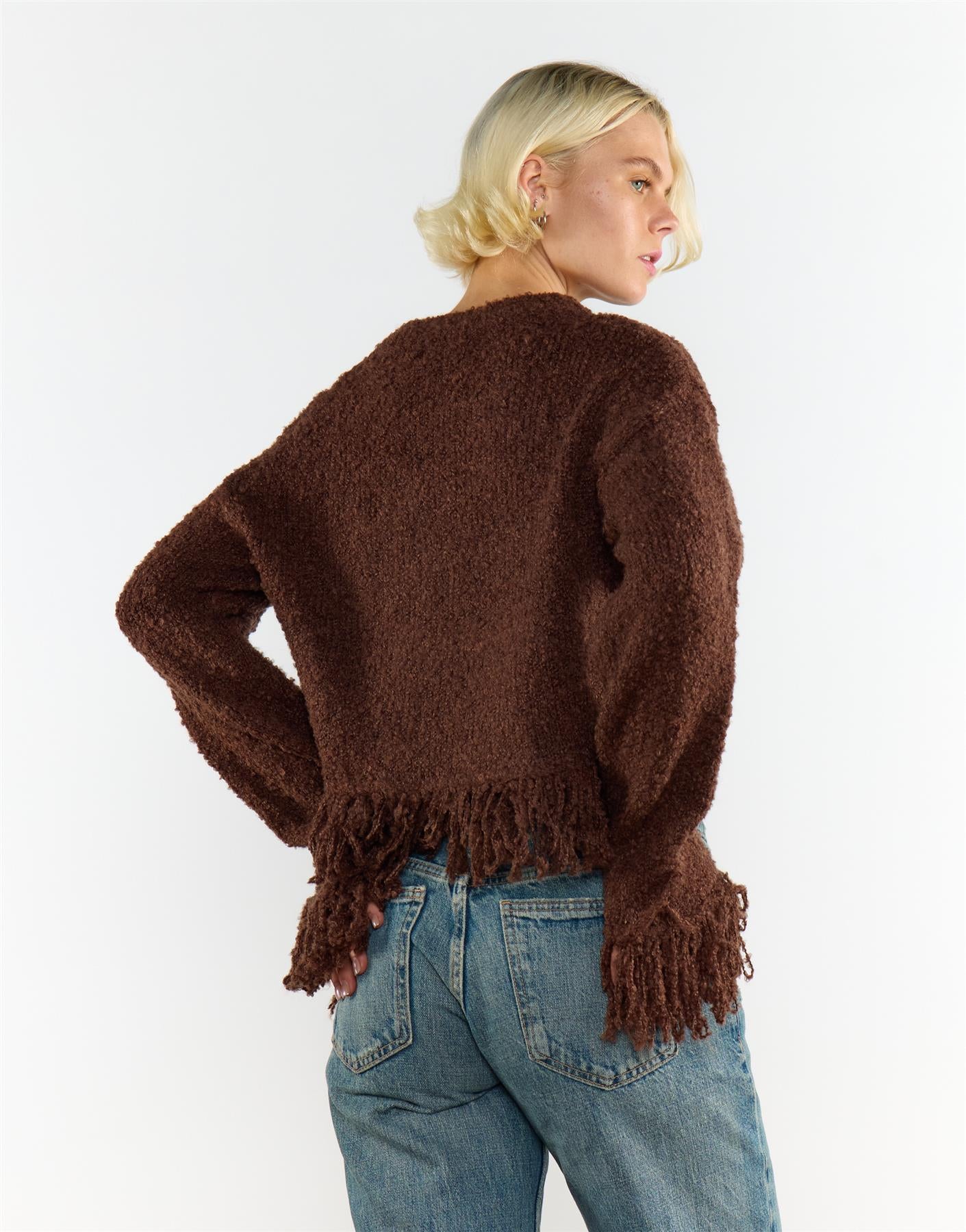 Chocolate Brown Fringe-Trim Long Sleeve-Jumper