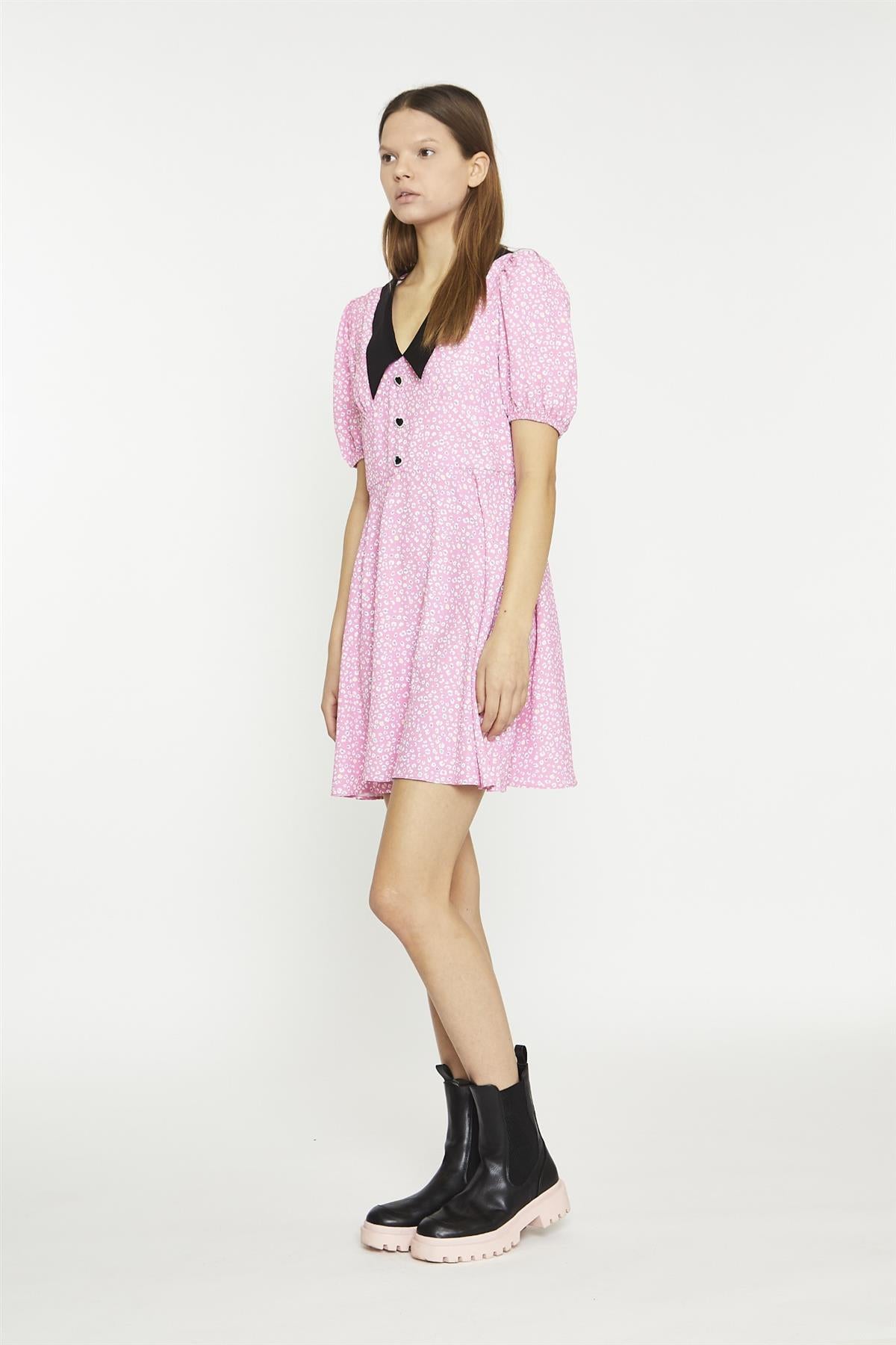 Pink-Multi-Leopard-Black Contrast-Collar-Skater Mini-Dress