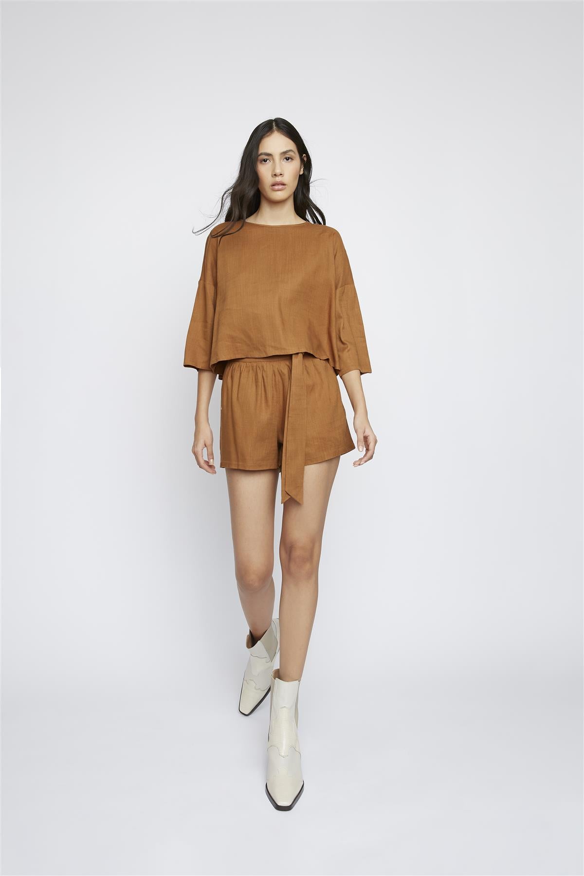 High Waist Shorts Tie Front - Brown