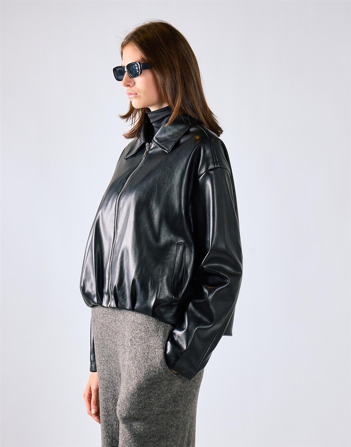 Black Pu Zip Up Jacket