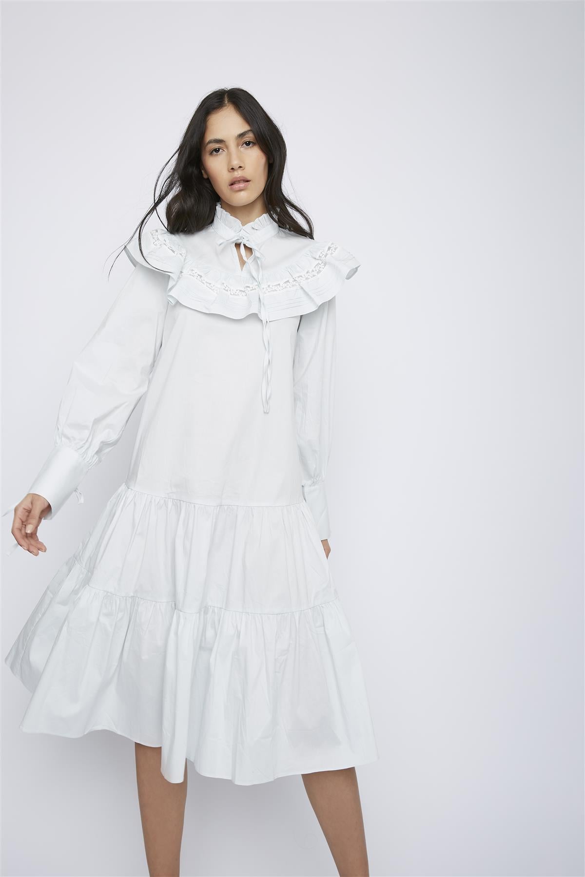 Pale Blue Broderie Ruffle Detail Midi Dresses