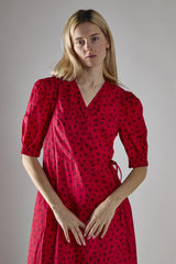 Red Ditsy V-Neck Wrap Midi-Dress