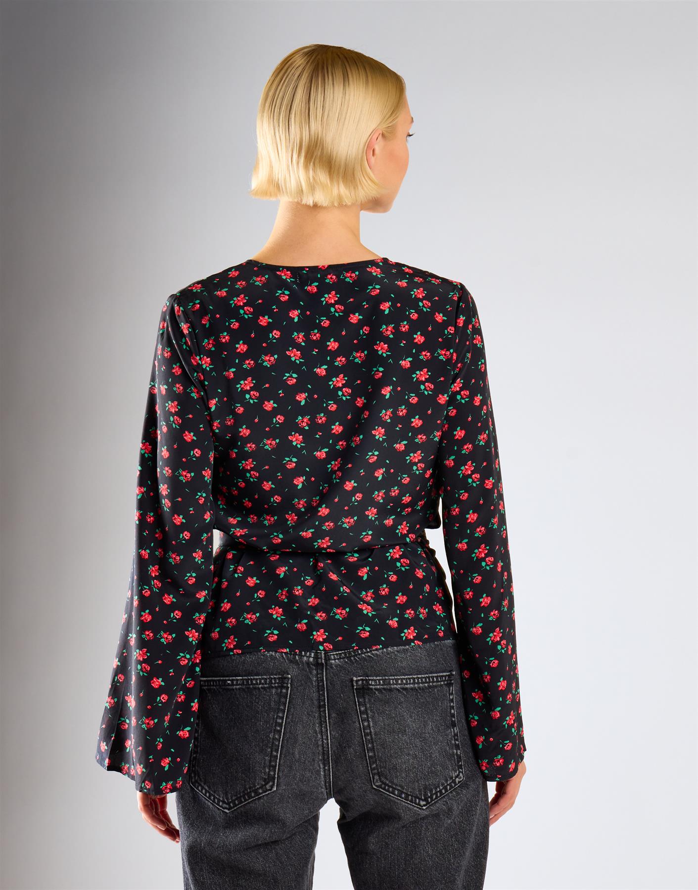 Black Red Roses Wrap Tie Waist Top