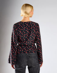 Black Red Roses Wrap Tie Waist Top