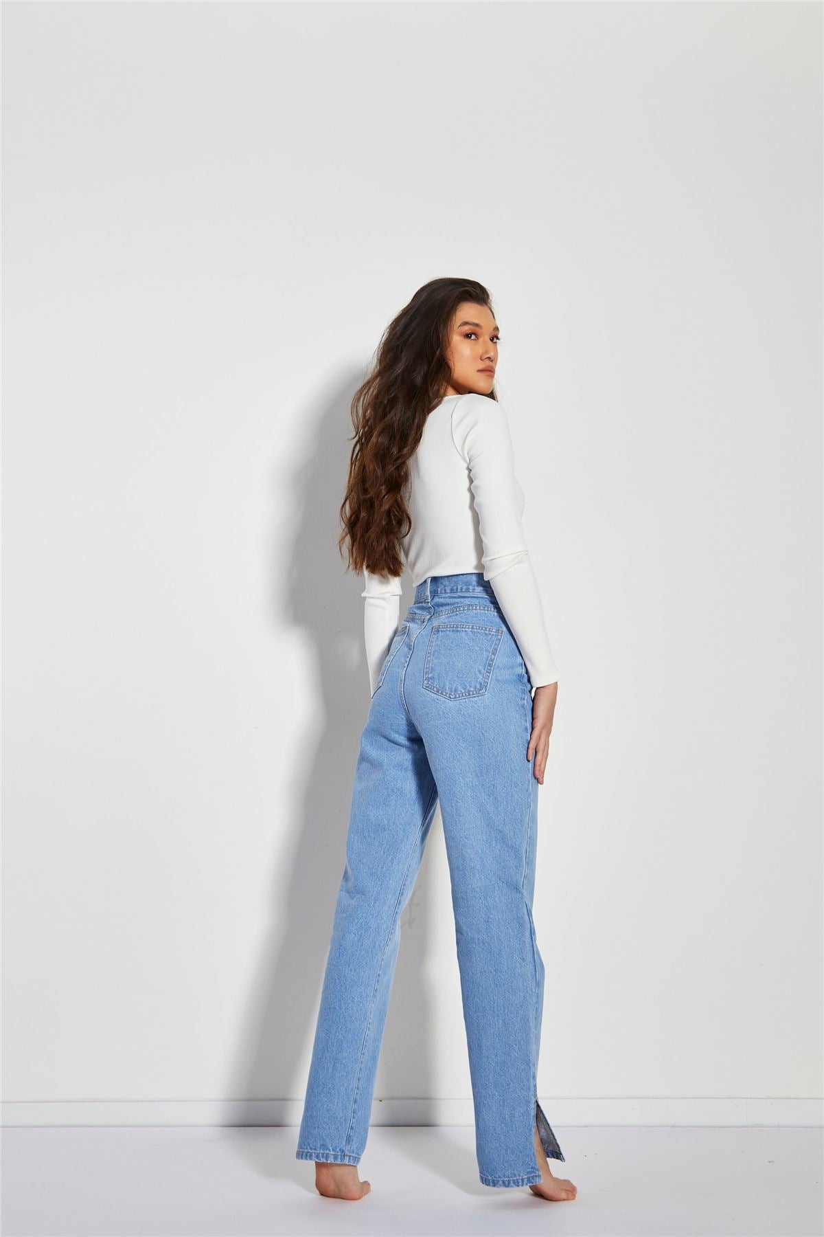Womens Bright Bleach Blue High Waisted Straight Leg Jeans with Side Split