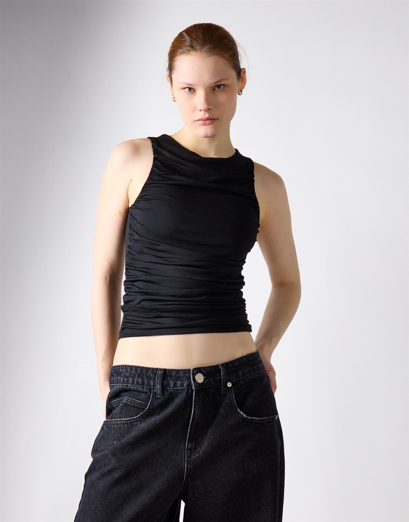 Ruched Vest Top - Black
