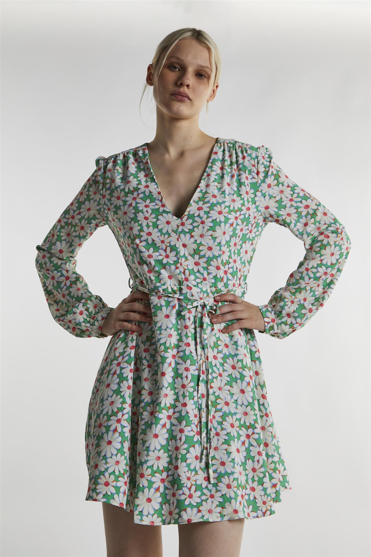 Green-Daisy Long Sleeve Mini-Dress