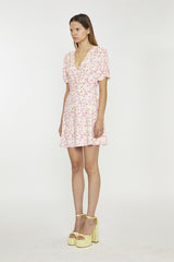 Pink-Yellow-Bunch-Flower Mini-Dress