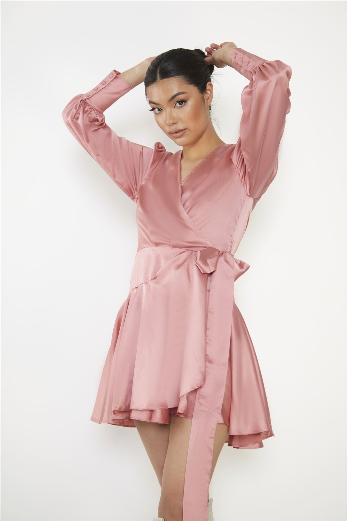 Dusty-Pink Wrap Mini-Dress