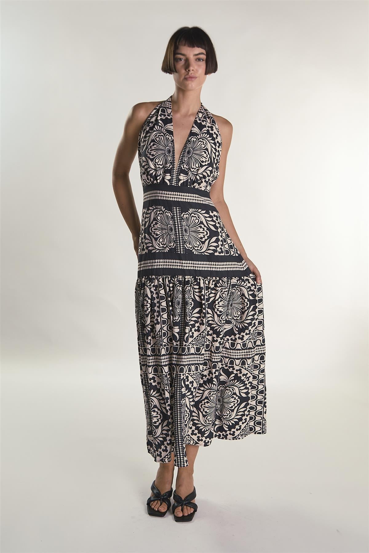 Scarf Border Print Halter Maxi Dress