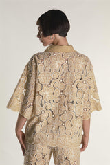 Sand Embroidered Flare Short Sleeve Shirt
